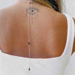 Colar Invertido Amaea com Pingente em Gota de Cristal Negro Corrente Costas Folheado a Prata