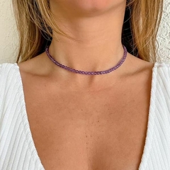 Choker Amaea Agata Ametista Natural Esferas de 4mm Folheada a Prata