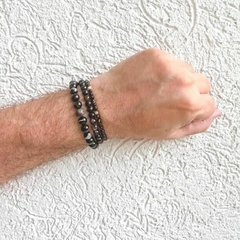 Kit 3 Pulseiras Amaea Masculina Esferas Natural Agata Black Stripe de 4 6 e 8mm Macramê