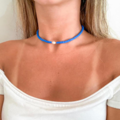 Choker Amaea Fimo Azul Bic com Entremeios e Pérola de Água Doce Folheada a Ouro