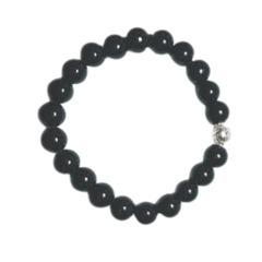 Pulseira Amaea Esferas Natural Agata Preta 8mm com entremeios Folheada a Prata