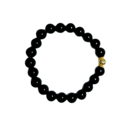 Pulseira Amaea Esferas Natural Agata Preta 8mm com entremeios Folheada a Ouro18k