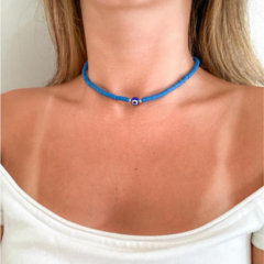 Choker Amaea Fimo Azul Bic com Entremeio de Olho Grego Folheada a Ouro