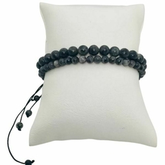Kit 2 Pulseiras  Amaea Masculina Esferas Natural Labradorita Cinza de 4 e 6mm em Macramê