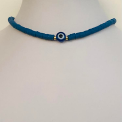 Choker Amaea Fimo Azul Bic com Entremeio de Olho Grego Folheada a Ouro - comprar online