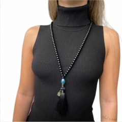 Japamala Amaea 108 Contas Preta 8mm Com Entremeio Pedra Jade Azul Oceano e Pingente Buda