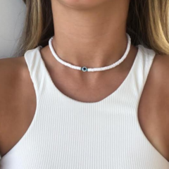 Choker Amaea Fimo Branco com Entremeios de Olho Grego Folheada a Ouro
