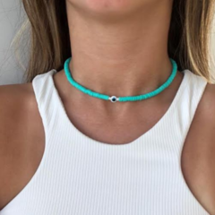 Choker Amaea Fimo Verde Tiffany com Entremeios de Olho Grego Folheada a Ouro