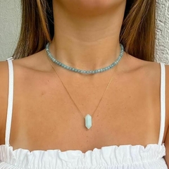 Colar e Choker Amaea Pingente Pedra Natural Água Marinha Hexagonal Folheado a Ouro 18k