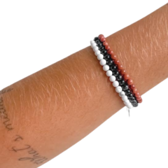 Trio Pulseira Amaea Esfera Natural 4mm Macrame Azul Ceu Howlita e Sol