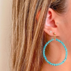 Brinco Amaea Argola Cristal de Vidro Azul Aqua Marine Folheado a Ouro 18k