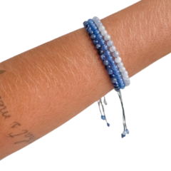 Trio Pulseira Amaea Esfera Natural 4mm Macrame Aquamarine Azul Agata Azul  Sodalita