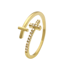 Anel Amaea Regulável Cruz em Zirconia Folheado a Ouro 18k - 1 Ano de Garantia no Banho