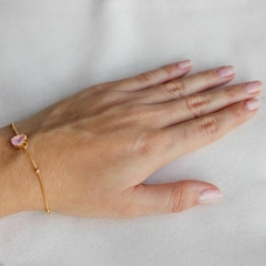 Pulseira Amaea Corrente Bolinha com Pingente Quartzo Rosa Folheada a Ouro 18k