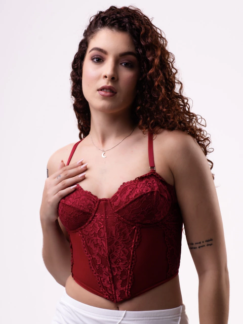 Corset Layla em Renda e Tule com Fecho Entrelaçado - Vermelho