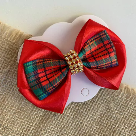 LAÇO DE CABELO NO CLIPS NATAL XADREZ