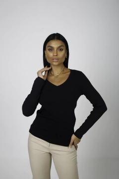 GOLA V MANGA LONGA EM RIBANA DE ALGODÃO - PRETA - Slou