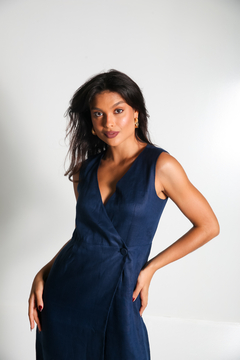 Vestido Luísa - 100% linho Azul Marinho - comprar online
