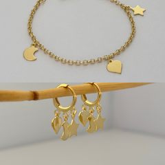 Kit Estrela + Lua + Coração (Pulseira + Argolinha) Banho de Ouro - comprar online