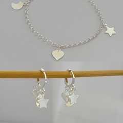 Kit Estrela + Lua + Coração (Pulseira + Argolinha) Banho de Prata - comprar online