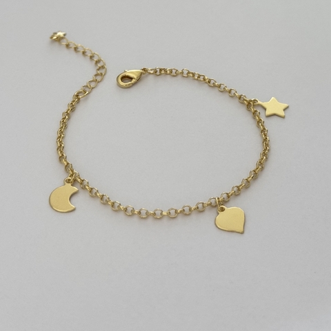 Pulseira Estrela + Lua + Coração Banho de Ouro - comprar online