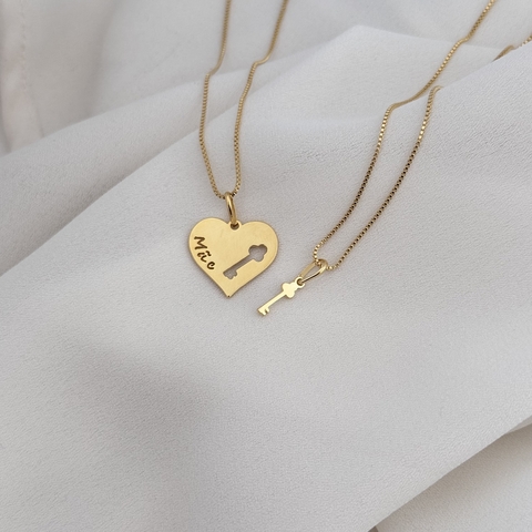 Duo de Colares Mãe Chave do Coração Banho de Ouro - comprar online
