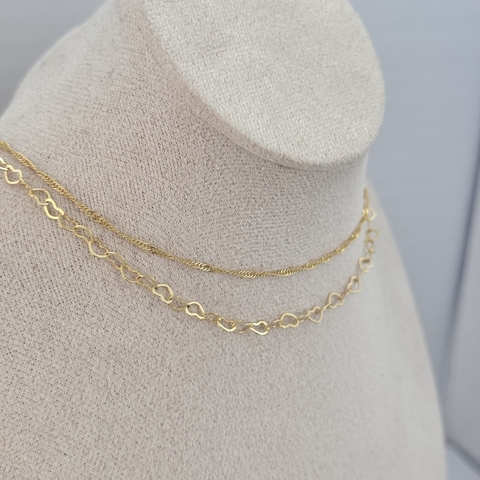 Choker Dupla Corrente Singapura + Corações Banho de Ouro - comprar online
