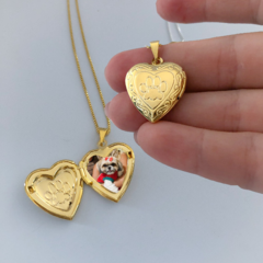 Relicário Colar Coração Pet Banho de Ouro 18k