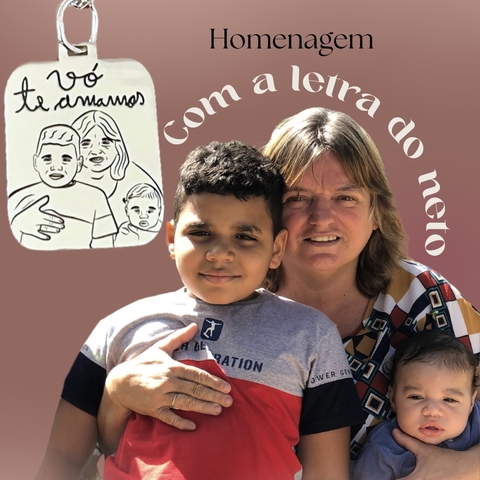 pingente sua foto em desenho de prata com uma frase com a letra personalizada
