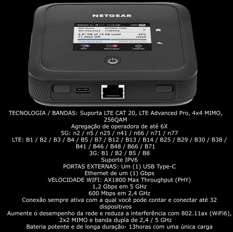 Imagem do Netgear Nighthawk M5 5G WiFi 6 Mobile Router Unlocked l Hotspot Roteador Móvel | Ultrarrápido 5G | Desbloqueado para todas as Operadoras | Conecta até 32 Dispositivos Sim card não incluído l Conecta até 32 Dispositivos l Ativado para Uso Doméstico ou Comercial l Bateria Adicional e Antena opcional também disponíveis