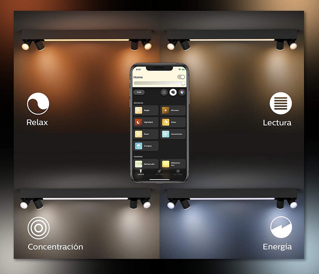 Philips Hue White & Color Ambiance Centris l Smart 4-Spots Ceiling Bar l Luminária de Teto l Ajuste cada Luz Individualmente l Poderoso Fluxo Luminoso 4.200 lumen l Compatível com Alexa, Apple Homekit & Google Assistant | Funciona com Bluetooth e/ou com a Hue Bridge na internet