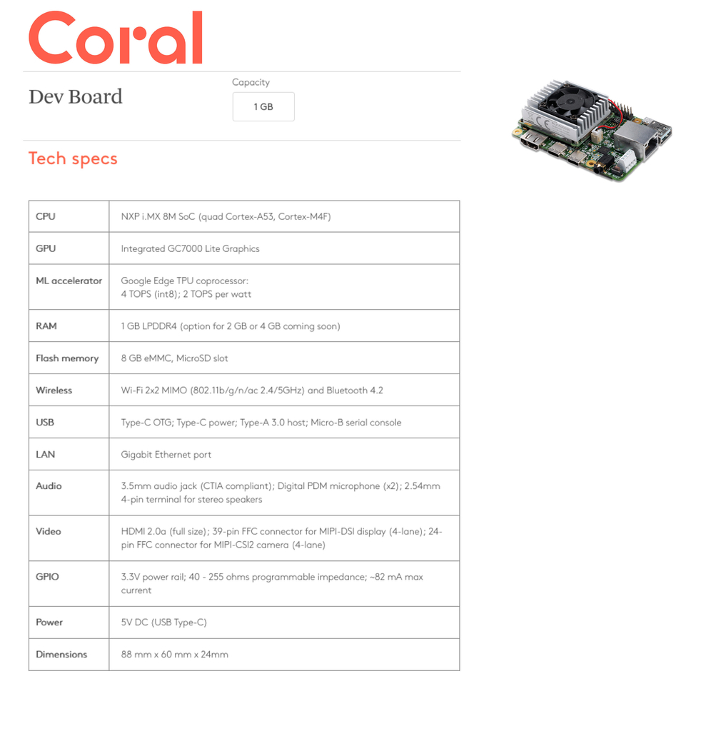 Image of Coral Dev Board 1GB RAM + Coral USB Accelerator + Coral Camera Module