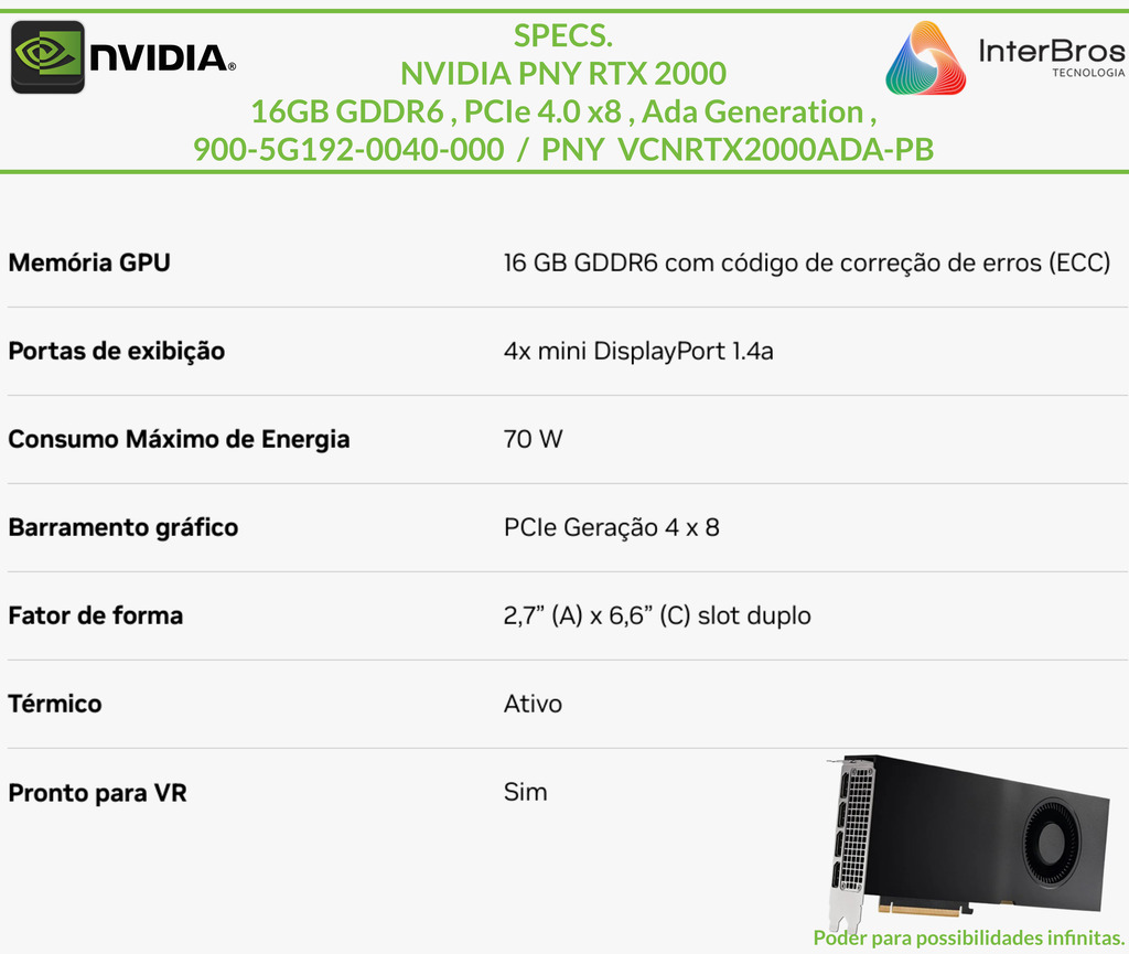 NVIDIA PNY RTX 2000 16GB GDDR6 , PCIe 4.0 x8 , Ada LovelAce Generation , 900-5G192-0040-000 , VCNRTX2000ADA-PB