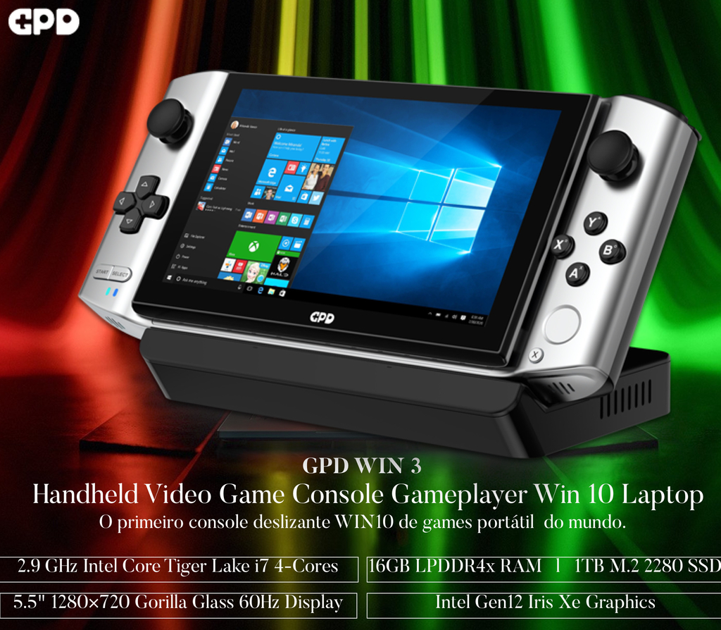 GPD WIN 3 l + Dock Station l Gaming Laptop Handheld l Console Laptop Gamer l 2.9 GHz Intel Core Tiger Lake i7 4-Cores l 5.5" Touchscreen 1280×720 Gorilla Glass 60Hz Display l 16GB LPDDR4x RAM l 1TB M.2 2280 SSD l Intel Gen12 Iris Xe Graphics l O primeiro console deslizante WIN10 de games portátil do mundo l - comprar online