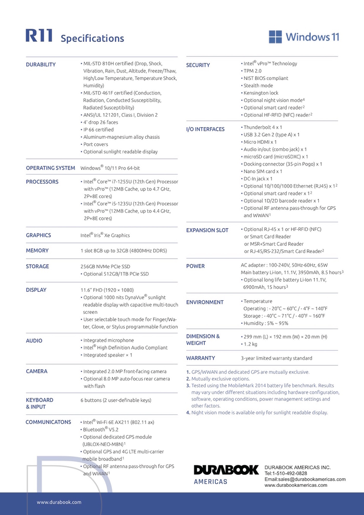 Durabook l R8 Rugged Tablet l Tablete Industrial Robusto l Elegante e Super Compacto l Formato de bolso l 8.0” (1280 x 800) LCD DynaVue® SR display com 800 nits l Personalizável l Projetado para os ambientes mais severos l Peça um orçamento - comprar online