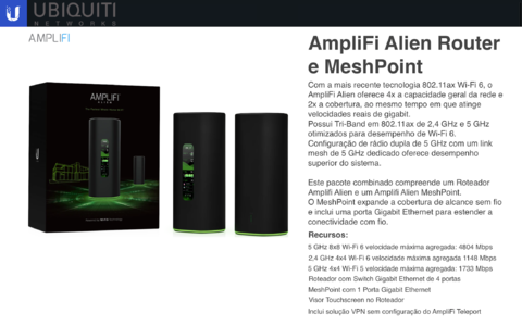 Ubiquiti Amplifi Alien Tri-Band WiFi6 Gigabit Router l Sistema WiFi6 Mesh l Tela Touchscreen l 4 portas Gigabit Ethernet l VPN integrada l Tecnologia Teleport l Sistema Mesh escalável l Ativado para Uso Doméstico ou Comercial l Cobertura de até 1.120 m²