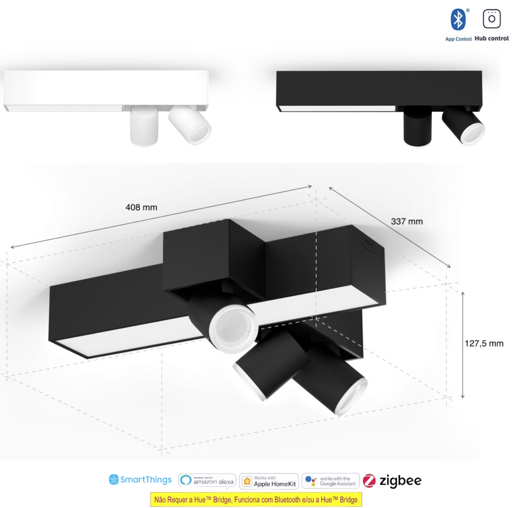Philips Hue White & Color Ambiance Centris l Smart 3-Spots Ceiling Bar l Luminária de Teto l Ajuste cada Luz Individualmente l Poderoso Fluxo Luminoso 2.810 lumen l Compatível com Alexa, Apple Homekit & Google Assistant | Funciona com Bluetooth e/ou com a Hue Bridge na internet