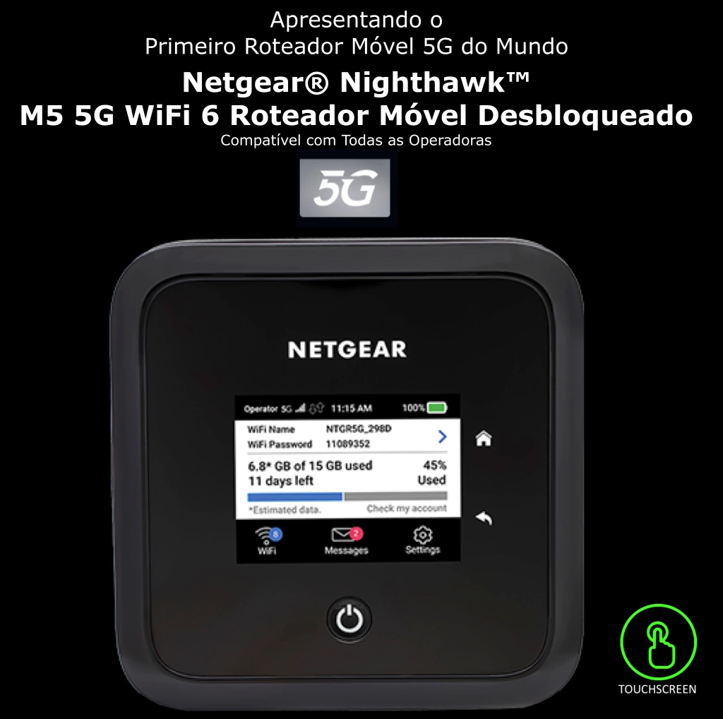 Netgear Nighthawk M5 5G WiFi 6 Mobile Router Unlocked l Hotspot Roteador Móvel | Ultrarrápido 5G | Desbloqueado para todas as Operadoras | Conecta até 32 Dispositivos Sim card não incluído l Conecta até 32 Dispositivos l Ativado para Uso Doméstico ou Comercial l Bateria Adicional e Antena opcional também disponíveis - Loja do Jangão - InterBros