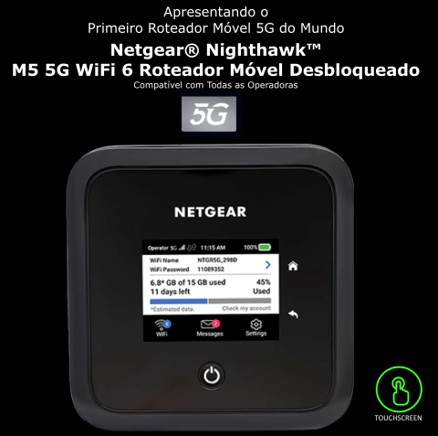 Netgear Nighthawk M5 5G WiFi 6 Mobile Router Unlocked l Hotspot Roteador Móvel | Ultrarrápido 5G | Desbloqueado para todas as Operadoras | Conecta até 32 Dispositivos Sim card não incluído l Conecta até 32 Dispositivos l Ativado para Uso Doméstico ou Comercial l Bateria Adicional e Antena opcional também disponíveis - Loja do Jangão - InterBros