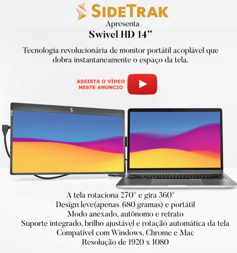 SideTrak Swivel 14" Attachable Portable Monitor for Laptop Duplo Monitor Tela Adicional Acoplável com Suporte - comprar online