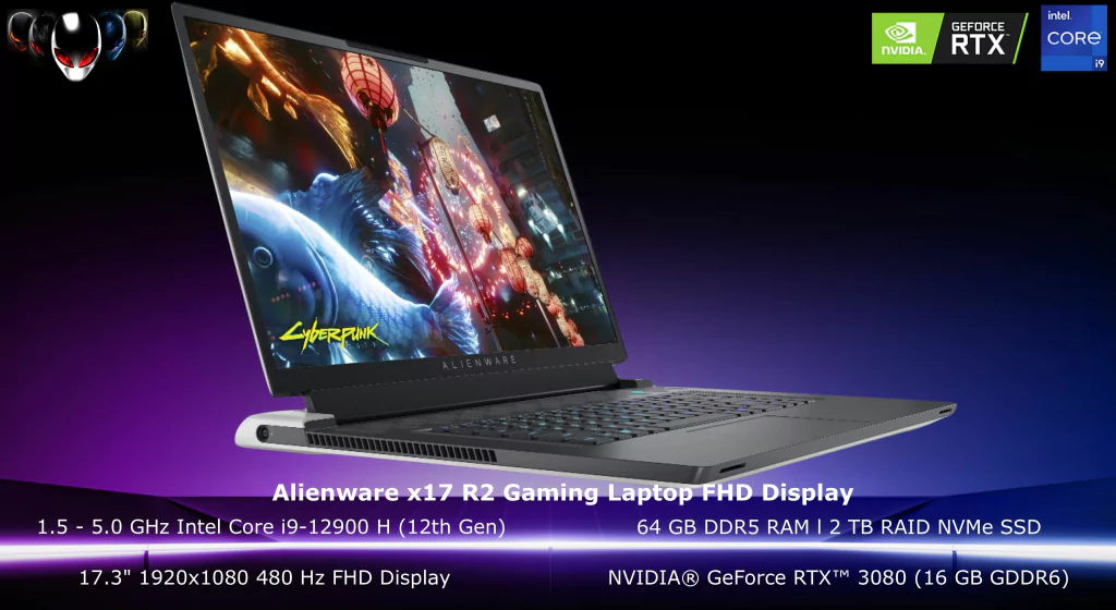 Alienware x17 R2 Gaming Laptop QHD Display l Cor Lunar Light l 1.5 - 5.0 GHz Intel Core i9-12900 H (12th Gen) l 17.3" 1920x1080 480 Hz FHD Display l 64 GB DDR5 RAM l 2 TB RAID NVMe SSD l NVIDIA® GeForce RTX™ 3080 (16 GB GDDR6) l Cryo Tech Cooler l Alienware's CherryMX l Windows 11 Home - buy online