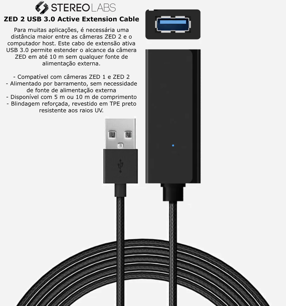 Stereolabs ZED 2 USB 3.0 Active Extension Cable 5 mts | Compatível com câmeras ZED 1 e ZED 2 | Retardante de chama | Resistência ao óleo | Resistência ao Frio | Propriedades Antienvelhecimento - comprar online