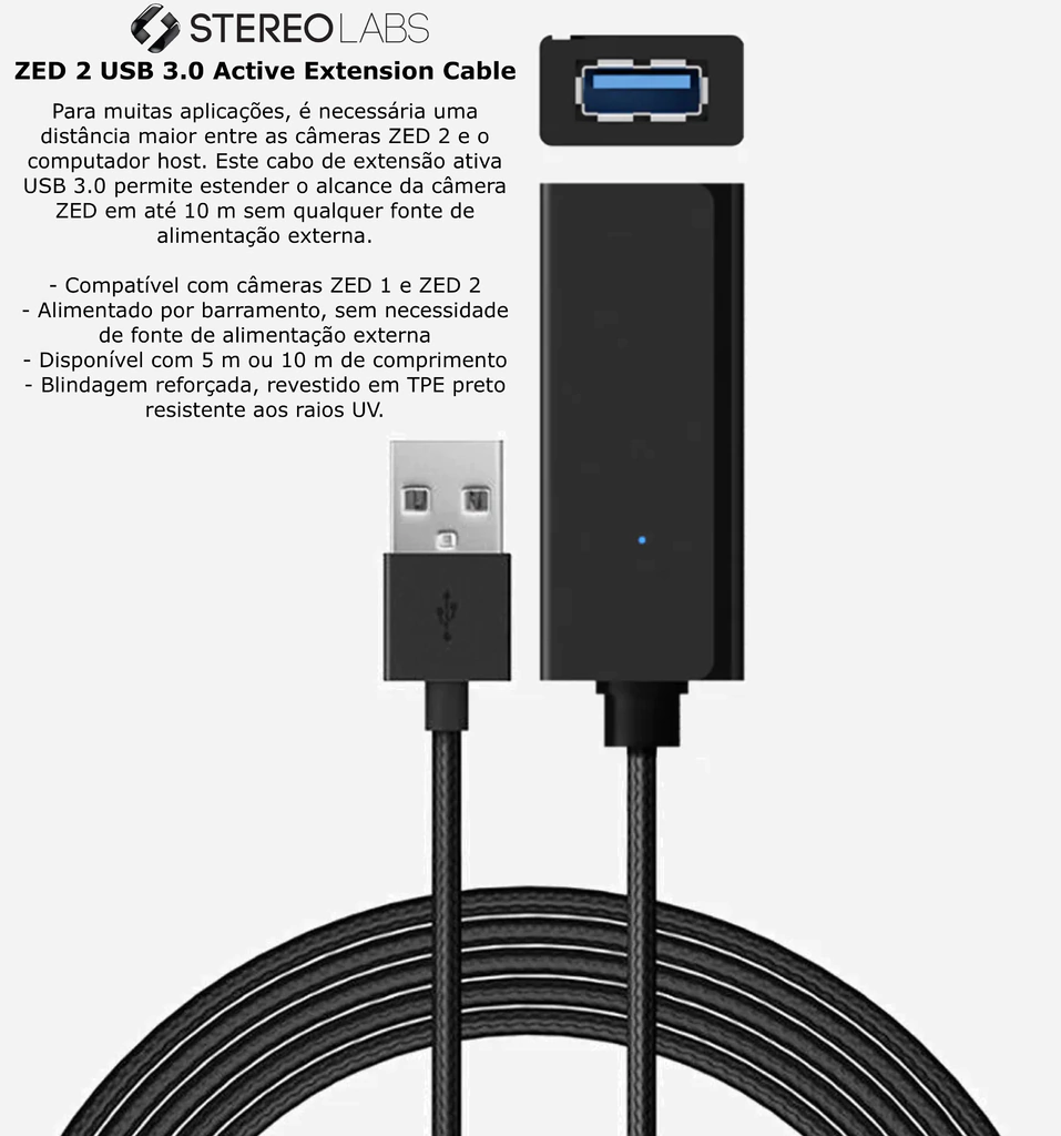 Stereolabs ZED 2 USB 3.0 Active Extension Cable 5 mts | Compatível com câmeras ZED 1 e ZED 2 | Retardante de chama | Resistência ao óleo | Resistência ao Frio | Propriedades Antienvelhecimento - comprar online