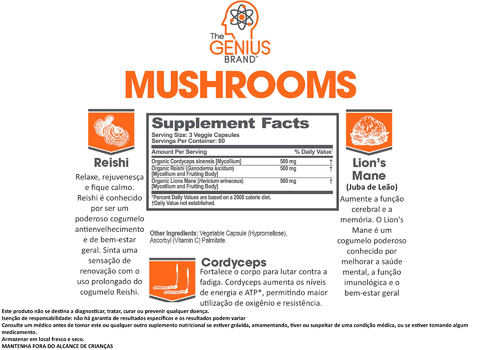 Genius Mushroom Cogumelos Lions Mane (Juba de Leão), Cordyceps e Reishi Suplemento Nootrópico 180 Cápsulas Vegetais on internet