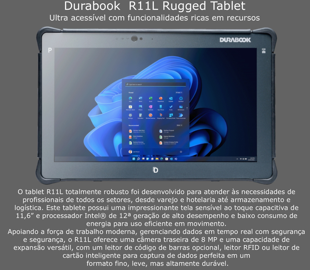 Durabook R11L Rugged Tablet Industrial Robusto Touch, 12th Gen Intel Pentium Gold Processor 8505 , 11.6" FHD (1920 x 1080) LCD Display, Configurável na internet