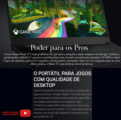 Razer 17.3" Razer Blade 17 Gaming Laptop , 16GB RAM , 1TB 4.0 SSD , RZ09-0423NED3-R3U1 - Loja do Jangão - InterBros