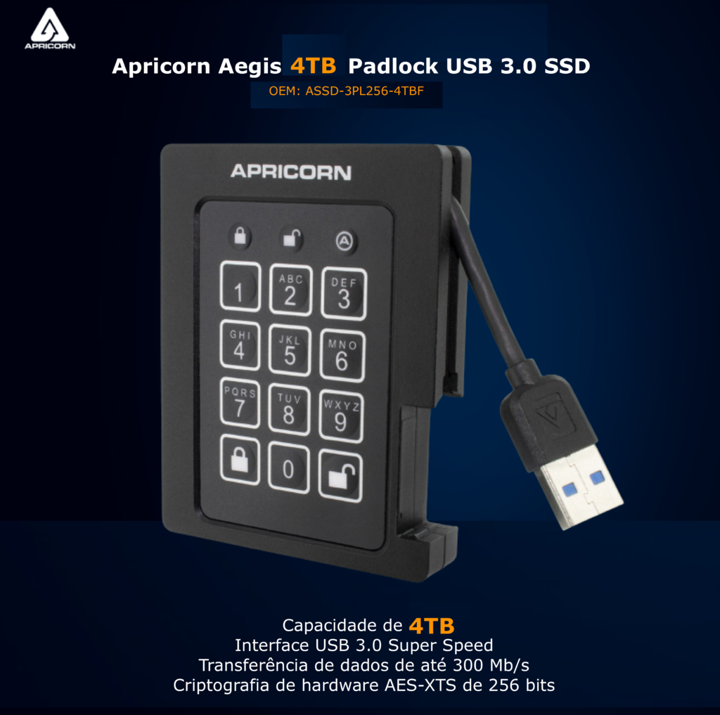 Apricorn Aegis 4 TB Padlock | SSD Portátil | USB 3.0 Robusto | Aegis Padlock FIPS 140-2 256-Bits | Criptografia de Grau Militar na internet