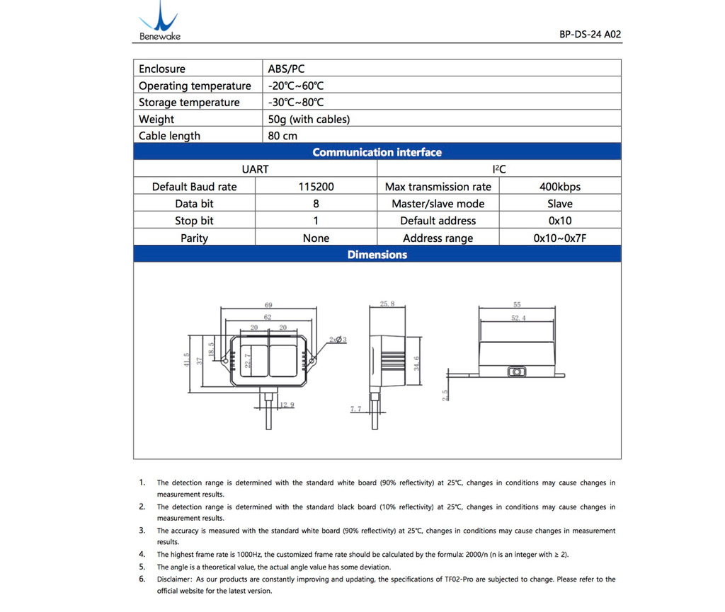 Benewake TF02-Pro Single-Point Ranging Lidar IP65 40m Laser LiDAR on internet