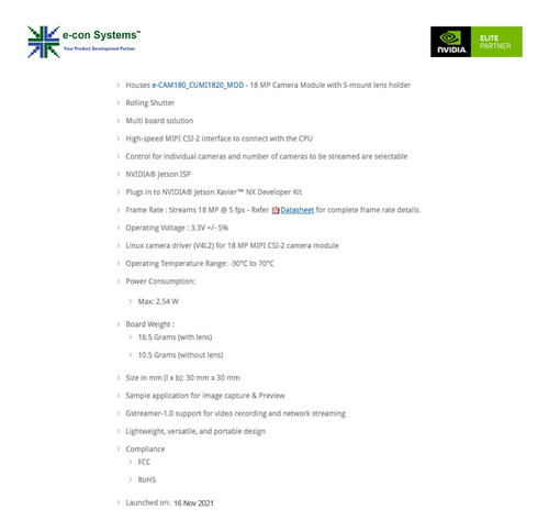 Imagen de e-com Systems e-CAM180_CUNX Camera | 4K 18MP | 4 Níveis de Zoom | Compatível com Nvidia Jetson Nano e NX