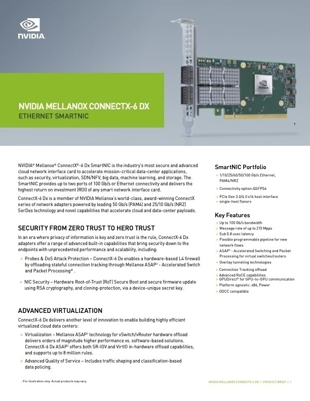 NVIDIA Mellanox ConnectX-6 Dx Network Interface Card, 100GbE Dual-Port QSFP56, PCIe4.0 x 16, MCX623106AN-CDAT na internet